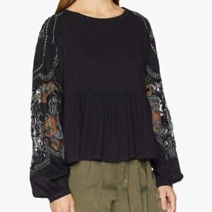 Free People Women's Small Black Lace Sleeve Peplum Top Blouse‎ Long Sleeve